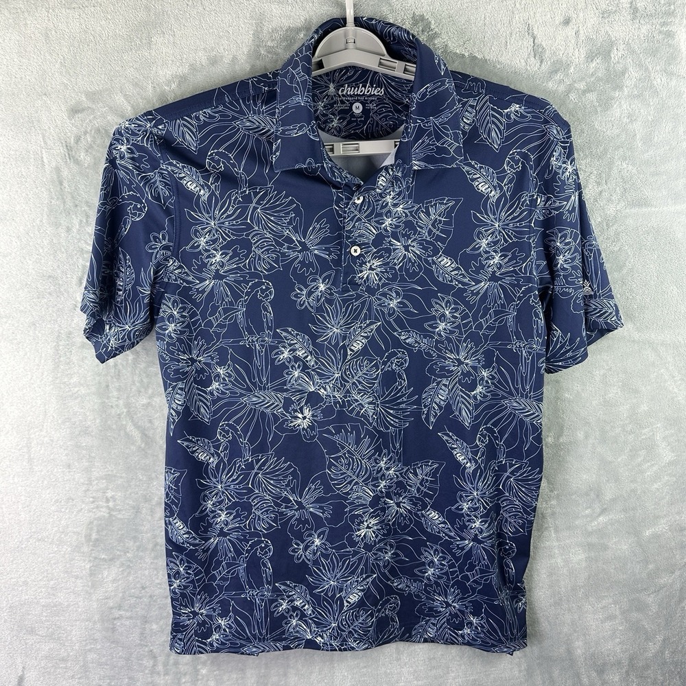 Chubbies Men's Polo Shirt Medium Blue Tropical Floral  Stretch Golf